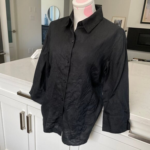 Nygard Collection 3/4 Slv Button Down 100% Linen Blouse w Embroidery Black Sz 8 - Picture 2 of 11